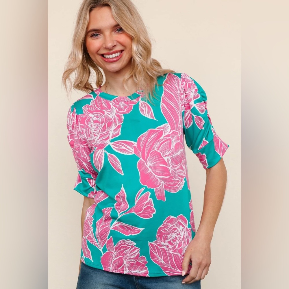 Floral Puff-Sleeve Tee in Pink and Teal